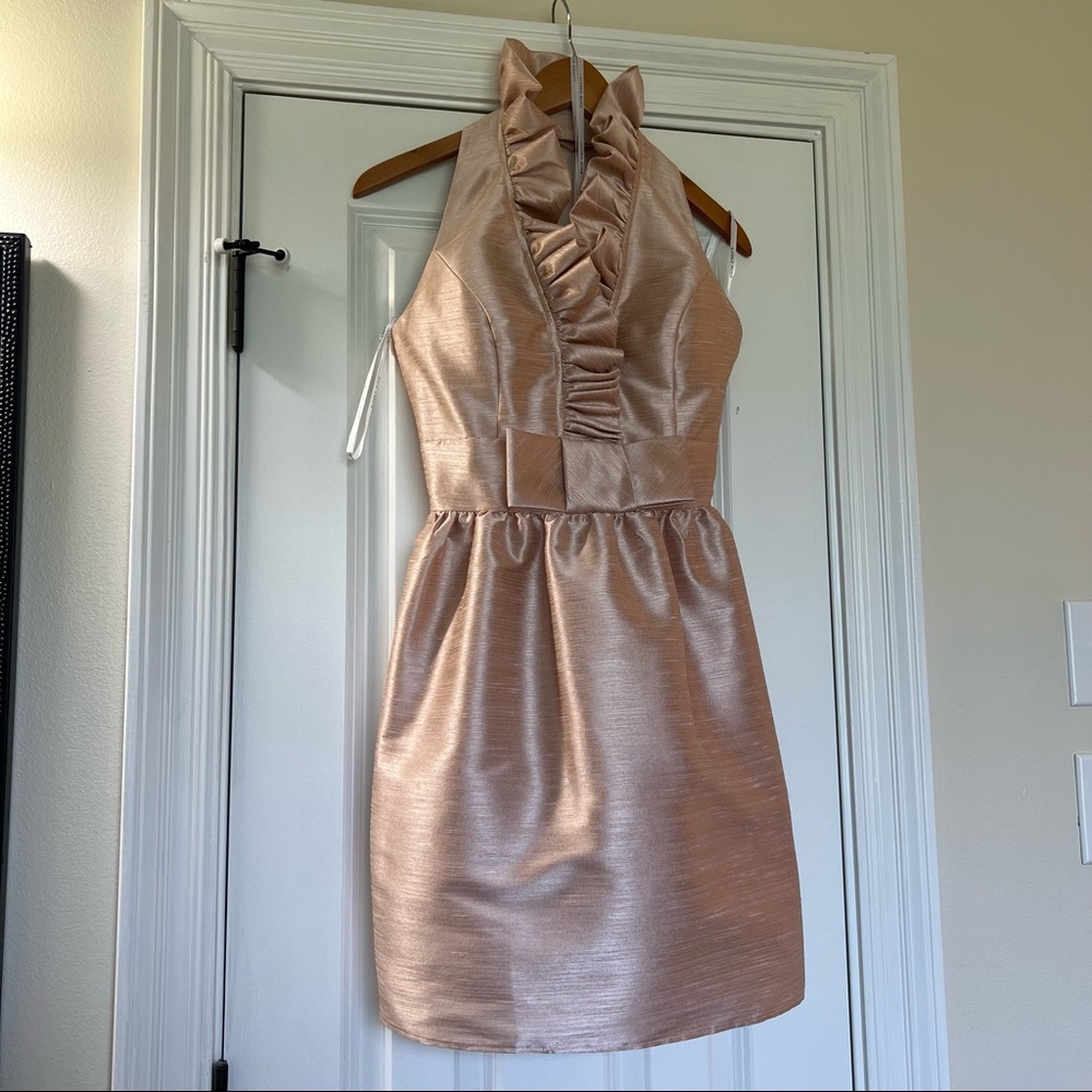Halter Style Pearl Pink Cocktail Dress With Pockets